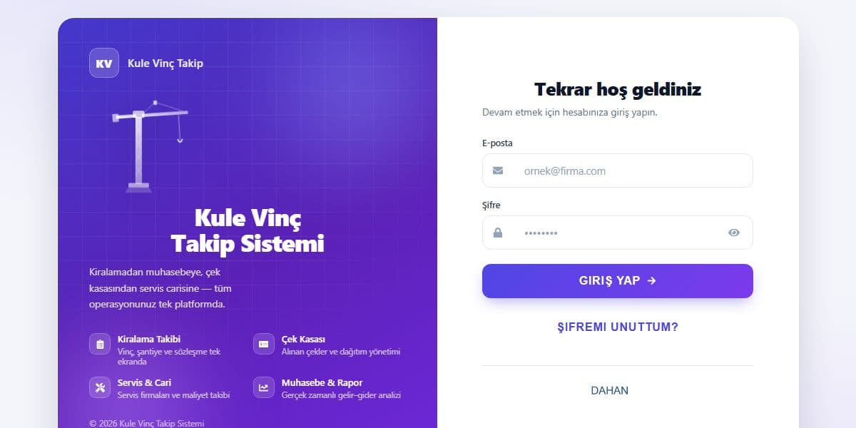 Kule Vinç Takip CRM web sitesi